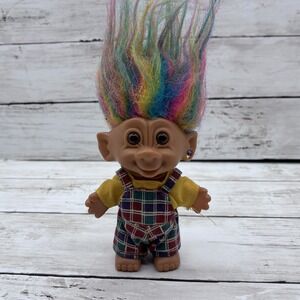 Vintage Bright of America Inc. Troll Doll Rainbow Hair Plaid Overalls Earring